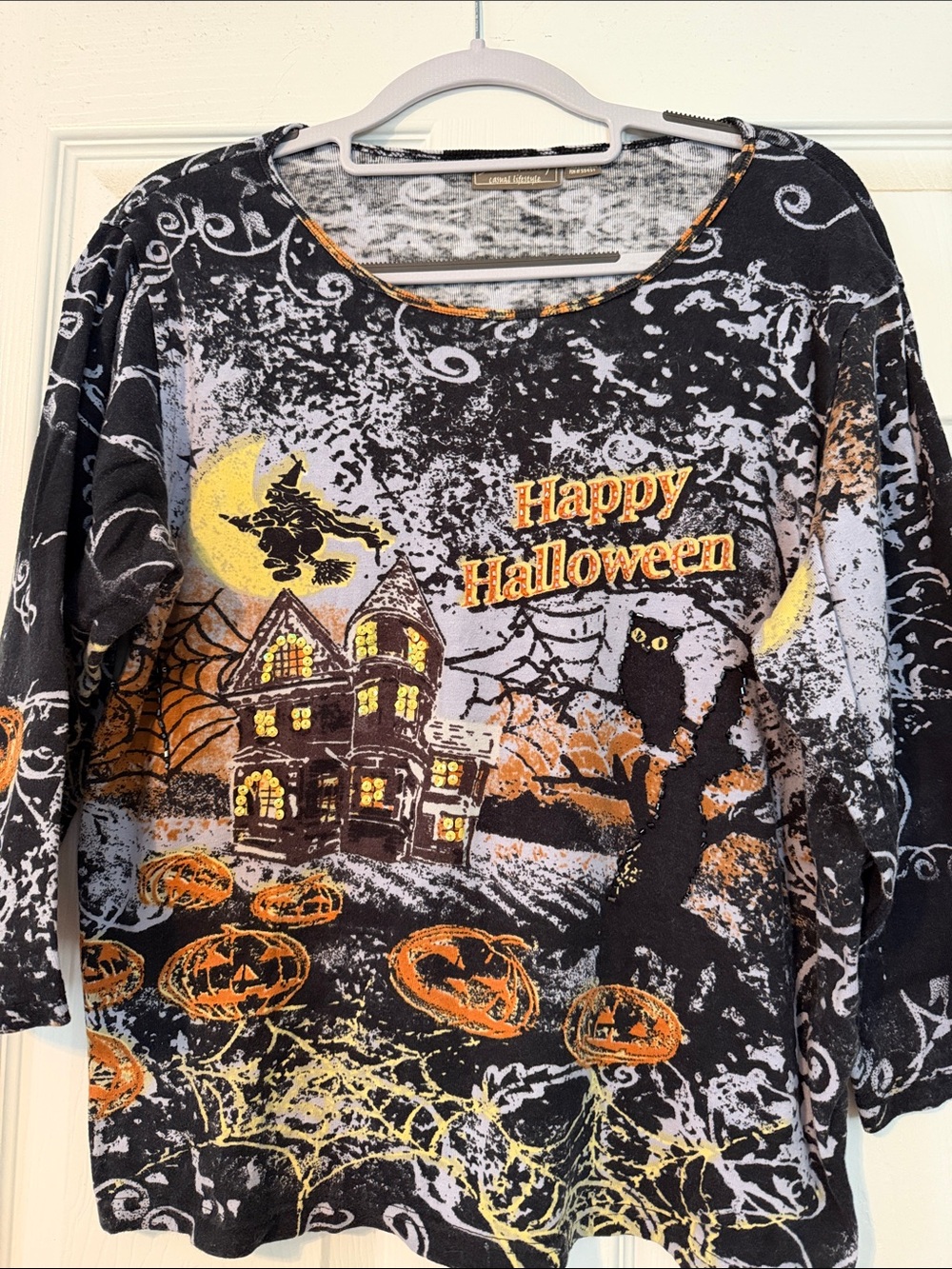 Jane Ashley Black Orange Yellow 'Happy Halloween' 3/4 Sleeve Graphic Tee
